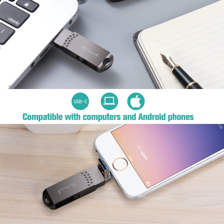 Richwell 32G Type-C + 8 Pin + USB 3.0 Metal Flash Disk with OTG Function(Silver) - U Disk & Card Reader by Richwell | Online Shopping South Africa | PMC Jewellery | Buy Now Pay Later Mobicred