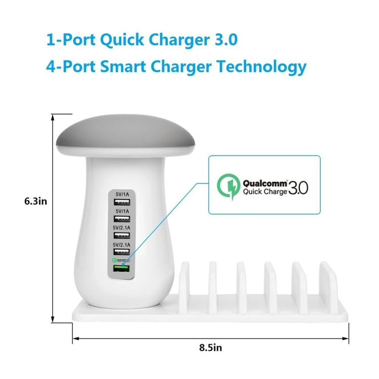 XLD888 5 Ports (2 x 5V/1A + 2 x 5V/2.1A + 1 x QC3.0) USB Charger Mushroom Light Desk Lamp Charger with Phone Holder - Multifunction Charger by PMC Jewellery | Online Shopping South Africa | PMC Jewellery | Buy Now Pay Later Mobicred