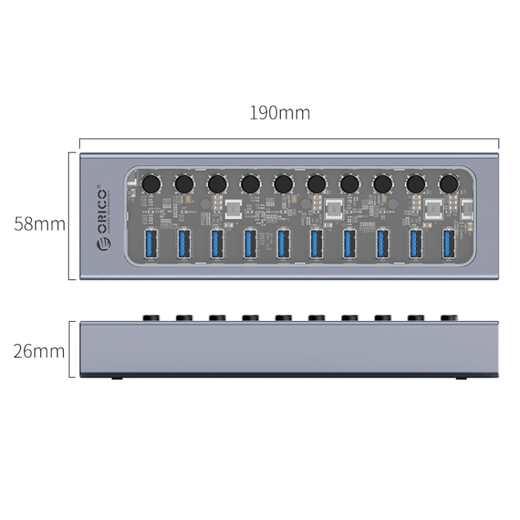 ORICO AT2U3-10AB-GY-BP 10 Ports USB 3.0 HUB with Individual Switches & Blue LED Indicator, US Plug - USB 3.0 HUB by ORICO | Online Shopping South Africa | PMC Jewellery | Buy Now Pay Later Mobicred