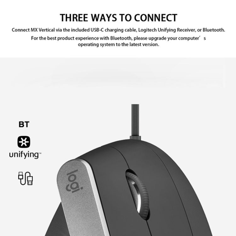 Logitech MX Vertical 4000DPI USB-C / Type-C + Unifying + Bluetooth Three-mode Ergonomic Wireless Vertical Optical Mouse (Black) - Wireless Mice by Logitech | Online Shopping South Africa | PMC Jewellery | Buy Now Pay Later Mobicred