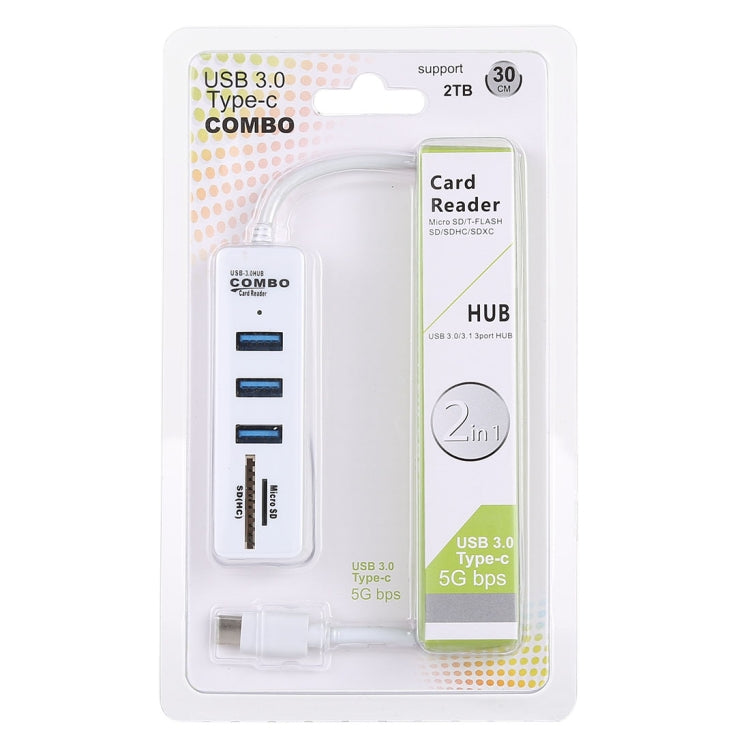 2 in 1 TF / SD Card Reader + 3 x USB 3.0 Ports to USB-C / Type-C HUB Converter, Cable Length: 26cm (White) - free shipping - PMC Jewellery - Order now!