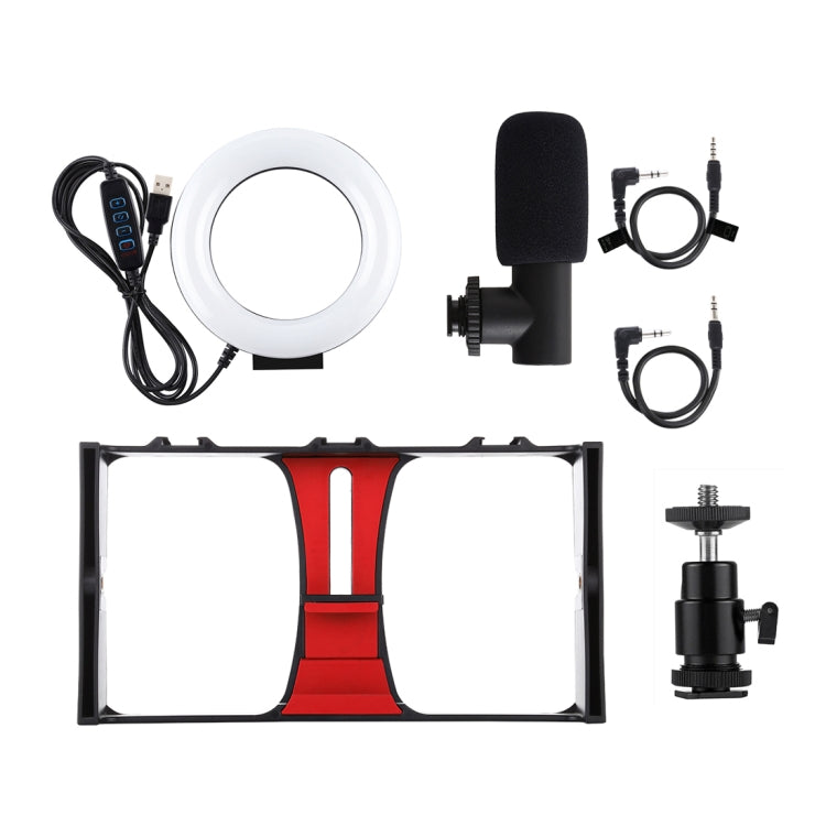 PULUZ 3 in 1 Vlogging Live Broadcast Smartphone Video Rig + Microphone +  4.7 inch 12cm Ring LED Selfie Light Kits with Cold Shoe Tripod Head for iPhone, Galaxy, Huawei, Xiaomi, HTC, LG, Google, and Other Smartphones(Red) - Camera Cage by PULUZ | Online Shopping South Africa | PMC TechLife | Buy Now Pay Later Mobicred