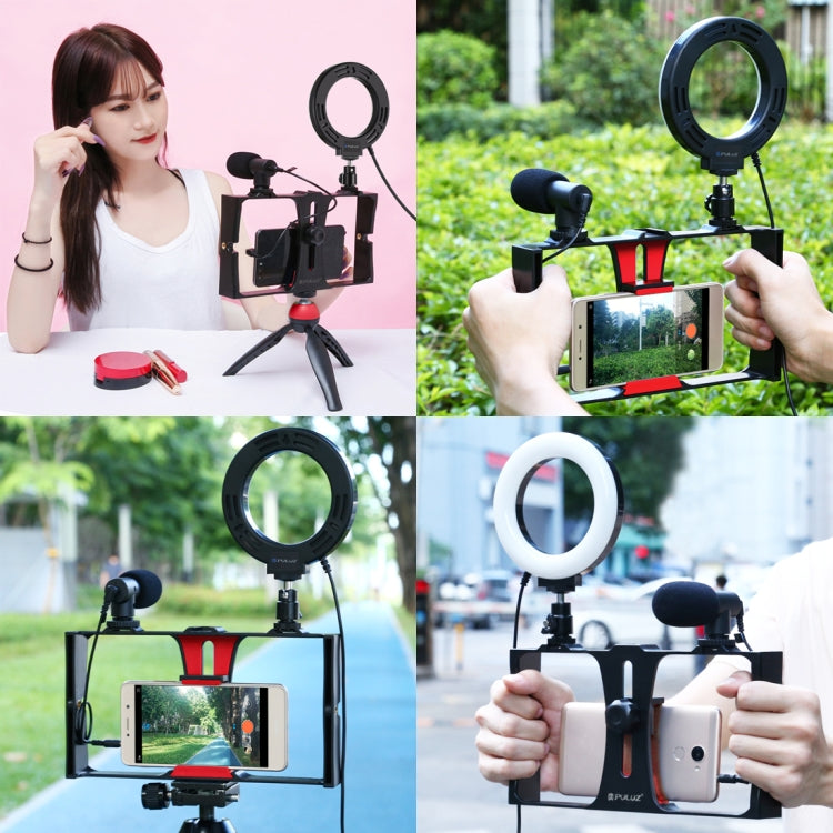 PULUZ 3 in 1 Vlogging Live Broadcast Smartphone Video Rig + Microphone +  4.7 inch 12cm Ring LED Selfie Light Kits with Cold Shoe Tripod Head for iPhone, Galaxy, Huawei, Xiaomi, HTC, LG, Google, and Other Smartphones(Red) - Camera Cage by PULUZ | Online Shopping South Africa | PMC TechLife | Buy Now Pay Later Mobicred