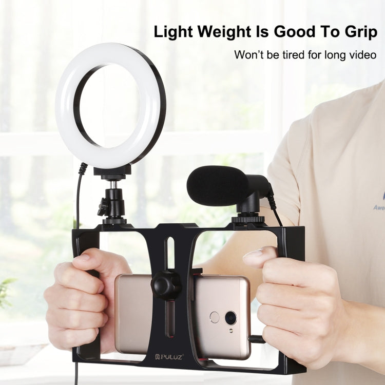 PULUZ 3 in 1 Vlogging Live Broadcast Smartphone Video Rig + Microphone +  4.7 inch 12cm Ring LED Selfie Light Kits with Cold Shoe Tripod Head for iPhone, Galaxy, Huawei, Xiaomi, HTC, LG, Google, and Other Smartphones(Red) - Camera Cage by PULUZ | Online Shopping South Africa | PMC TechLife | Buy Now Pay Later Mobicred