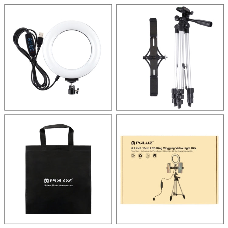 PULUZ Tripod Mount +  Live Broadcast Dual Phone Bracket + 6.2 inch 16cm LED Ring Vlogging Video Light Kits - free shipping - PMC Jewellery - Order now!