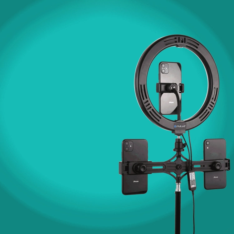 PULUZ 10.2 inch 26cm Curved Surface RGBW LED Ring Light + 1.1m Tripod Mount + Dual Phone Brackets Horizontal Holder + Vlogging Video Light  Live Broadcast Kits with Remote Control & Phone Clamp(Black) - Ring Light by PULUZ | Online Shopping South Africa | PMC Jewellery | Buy Now Pay Later Mobicred