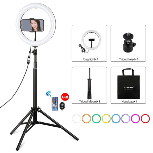 PULUZ 10.2 inch 26cm RGBW Light + 1.65m Tripod Mount Curved Surface USB RGBW Dimmable LED Ring Vlogging Video Light Live Broadcast Kits with Cold Shoe Tripod Ball Head & Phone Clamp & Remote Control(Black) - Ring Light by PULUZ | Online Shopping South Africa | PMC Jewellery | Buy Now Pay Later Mobicred