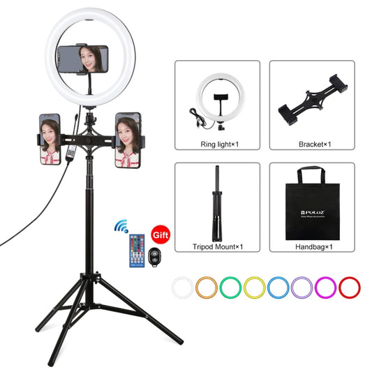 PULUZ 10.2 inch 26cm RGBW Light + 1.65m Tripod Mount + Dual Phone Bracket Curved Surface USB RGBW Dimmable LED Ring Selfie Beauty Vlogging Video Light Live Broadcast Kits with Cold Shoe Tripod Ball Head & Phone Clamp & Remote Control(Black) - Ring Light by PULUZ | Online Shopping South Africa | PMC Jewellery | Buy Now Pay Later Mobicred