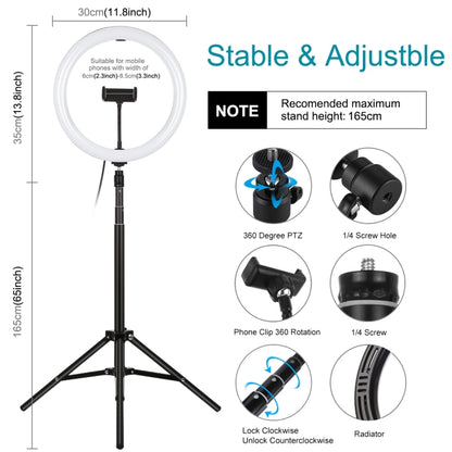 PULUZ 11.8 inch 30cm Light + 1.65m Tripod Mount Curved Surface USB 3 Modes Dimmable Dual Color Temperature LED Ring Vlogging Video Light Live Broadcast Kits with Phone Clamp(Black) - Ring Light by PULUZ | Online Shopping South Africa | PMC Jewellery | Buy Now Pay Later Mobicred