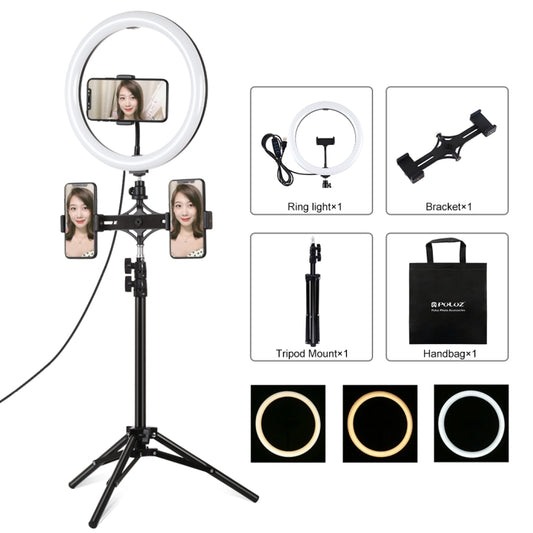 PULUZ 11.8 inch 30cm Light + 1.1m Tripod Mount + Dual Phone Brackets Curved Surface USB 3 Modes Dimmable Dual Color Temperature LED Ring Vlogging Video Light Live Broadcast Kits with Phone Clamp(Black) - Ring Light by PULUZ | Online Shopping South Africa | PMC Jewellery | Buy Now Pay Later Mobicred