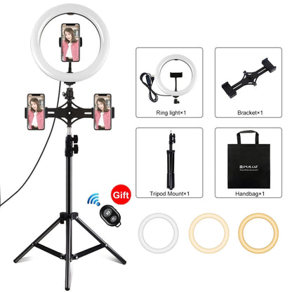 PULUZ 10.2 inch 26cm Light + 1.1m Tripod Mount + Dual Phone Brackets USB 3 Modes Dimmable Dual Color Temperature LED Curved Diffuse Light Ring Vlogging Selfie Photography Video Lights with Phone Clamp & Selfie Remote Control(Black) - Ring Light by PULUZ | Online Shopping South Africa | PMC Jewellery | Buy Now Pay Later Mobicred