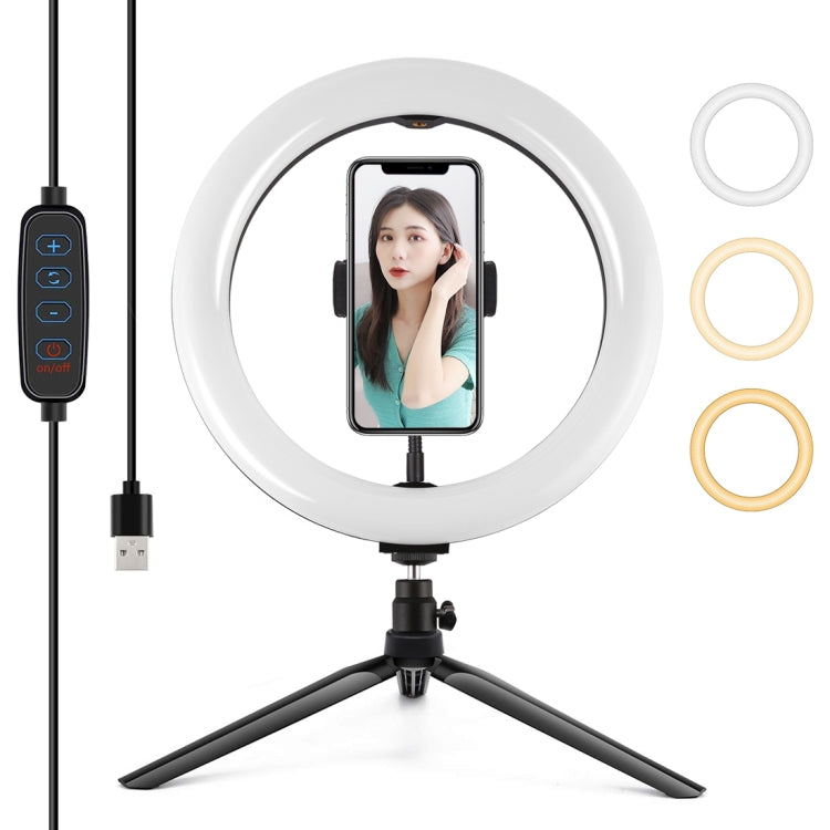 PULUZ 10.2 inch 26cm Selfie Beauty Light + Desktop Tripod Mount USB 3 Modes Dimmable LED Ring Vlogging Selfie Photography Video Lights with Cold Shoe Tripod Ball Head & Phone Clamp(Black) - Ring Light by PULUZ | Online Shopping South Africa | PMC Jewellery | Buy Now Pay Later Mobicred