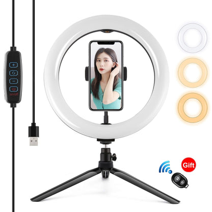 PULUZ 10.2 inch 26cm Light + Desktop Tripod Mount USB 3 Modes Dimmable Dual Color Temperature LED Curved Diffuse Light Ring Vlogging Selfie Photography Video Lights with Phone Clamp & Selfie Remote Control(Black) - Ring Light by PULUZ | Online Shopping South Africa | PMC Jewellery | Buy Now Pay Later Mobicred