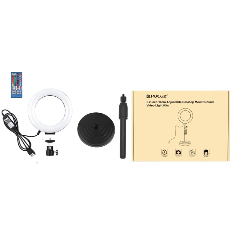 PULUZ 6.2 inch 16cm RGBW Light + Round Base Desktop Holder USB Dimmable LED Ring Vlogging Photography Video Lights with Cold Shoe Tripod Ball Head & Remote Control(Black) - free shipping - PMC Jewellery - Order now!