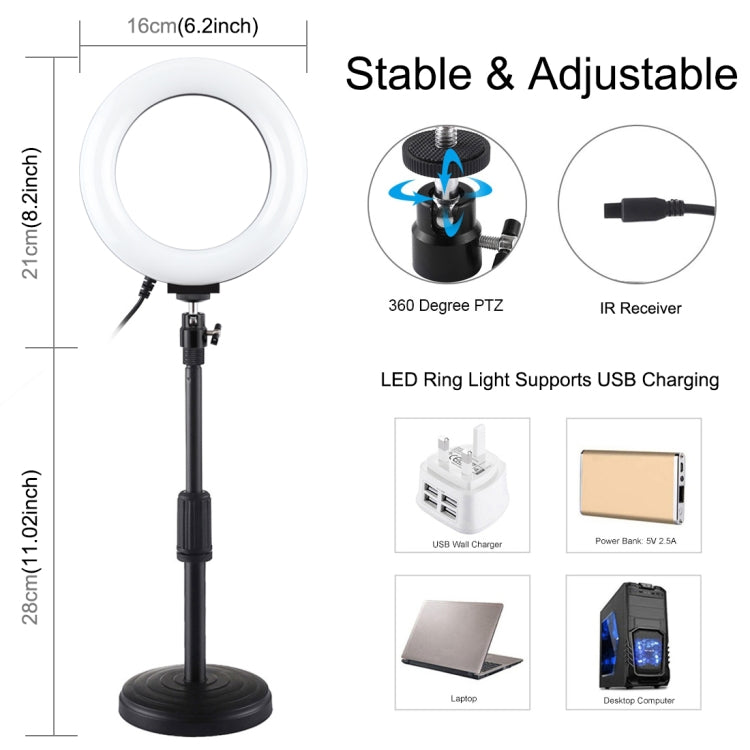 PULUZ 6.2 inch 16cm RGBW Light + Round Base Desktop Holder USB Dimmable LED Ring Vlogging Photography Video Lights with Cold Shoe Tripod Ball Head & Remote Control(Black) - Ring Light by PULUZ | Online Shopping South Africa | PMC Jewellery | Buy Now Pay Later Mobicred