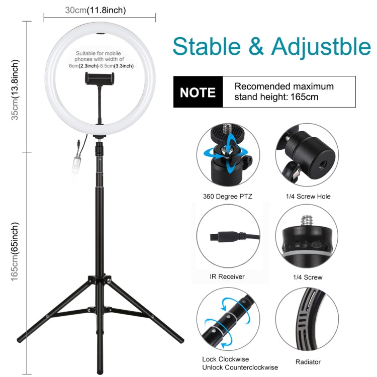 PULUZ 11.8 inch 30cm RGBW Light + 1.65m Mount Curved Surface RGBW Dimmable LED Ring Selfie Vlogging Light  Live Broadcast Kits with Cold Shoe Tripod Adapter & Phone Clamp & Remote Control(Black) - Ring Light by PULUZ | Online Shopping South Africa | PMC Jewellery | Buy Now Pay Later Mobicred