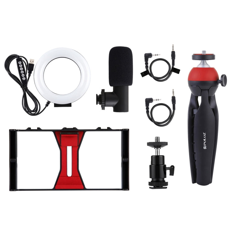 PULUZ 4 in 1 Vlogging Live Broadcast Smartphone Video Rig + 4.7 inch 12cm RGBW Ring LED Selfie Light + Microphone + Pocket Tripod Mount Kits with Cold Shoe Tripod Head(Red) - free shipping - PMC TechLife - Order now!