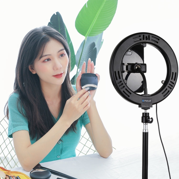 PULUZ 7.9 inch 20cm Mirror Light+ 1.1m Tripod Mount USB 3 Modes Dimmable Dual Color Temperature LED Curved Light Ring Vlogging Selfie Photography Video Lights with Mirror & Phone Clamp(Black) - Ring Light by PULUZ | Online Shopping South Africa | PMC Jewellery | Buy Now Pay Later Mobicred