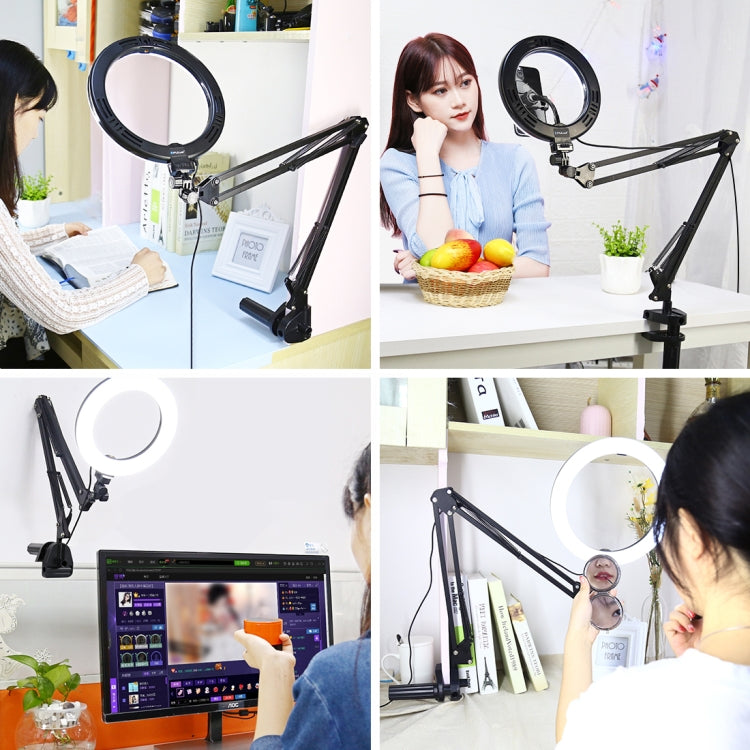 PULUZ 7.9 inch 20cm Ring Curved Light + Desktop Arm Stand USB 3 Modes Dimmable Dual Color Temperature LED Vlogging Selfie Photography Video Lights with Phone Clamp(Black) - Ring Light by PULUZ | Online Shopping South Africa | PMC Jewellery | Buy Now Pay Later Mobicred