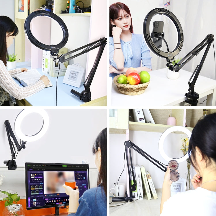 PULUZ 10.2 inch 26cm Ring Curved Light + Desktop Arm Stand USB 3 Modes Dimmable Dual Color Temperature LED Vlogging Selfie Photography Video Lights with Phone Clamp(Black) - Ring Light by PULUZ | Online Shopping South Africa | PMC Jewellery | Buy Now Pay Later Mobicred