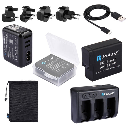 PULUZ 10 in 1 AHDBT-501 3.85V 1220mAh Battery + AHDBT-501 3-channel Battery Charger +  Mesh Storage Bag + Battery Storage Box + 2-Port USB 5V (2.1A + 2.1A) Wall Charger Kits for GoPro HERO7 /6 /5 -  by PULUZ | Online Shopping South Africa | PMC Jewellery | Buy Now Pay Later Mobicred