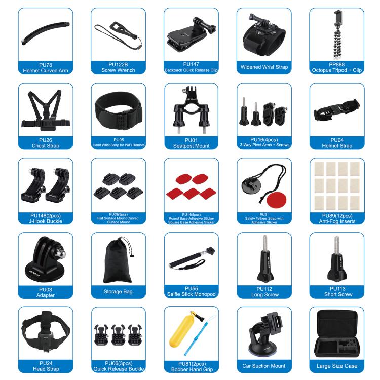 PULUZ 50 in 1 Accessories Total Ultimate Combo Kits with EVA Case (Chest Strap + Suction Cup Mount + 3-Way Pivot Arms + J-Hook Buckle + Wrist Strap + Helmet Strap + Extendable Monopod + Surface Mounts ...  for GoPro, Insta360, DJI and Other Action Cameras -  by PULUZ | Online Shopping South Africa | PMC TechLife | Buy Now Pay Later Mobicred
