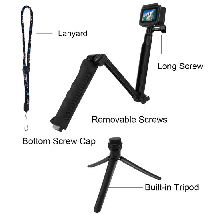PULUZ 3-Way Grip Foldable Tripod Selfie-stick Extension Monopod for GoPro, Insta360 ONE R, DJI Osmo Action and Other Action Cameras, Length: 20-58cm - free shipping - PMC TechLife - Order now!