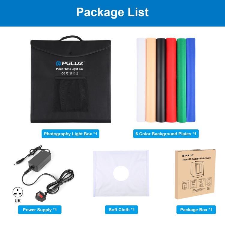 PULUZ 40cm Folding Portable White Light Dimmable Photo Lighting Studio Shooting Tent Box Kit with 6 Colors (Black, Orange, White, Red, Green, Blue) Backdrops(UK Plug) - free shipping - PMC TechLife - Order now!