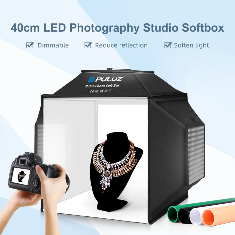 PULUZ 40cm Folding 72W 5500K Studio Shooting Tent Soft Box Photography Lighting Kit with 4 Colors (Black, Orange, White, Green) Backdrops(EU Plug) -  by PULUZ | Online Shopping South Africa | PMC TechLife | Buy Now Pay Later Mobicred