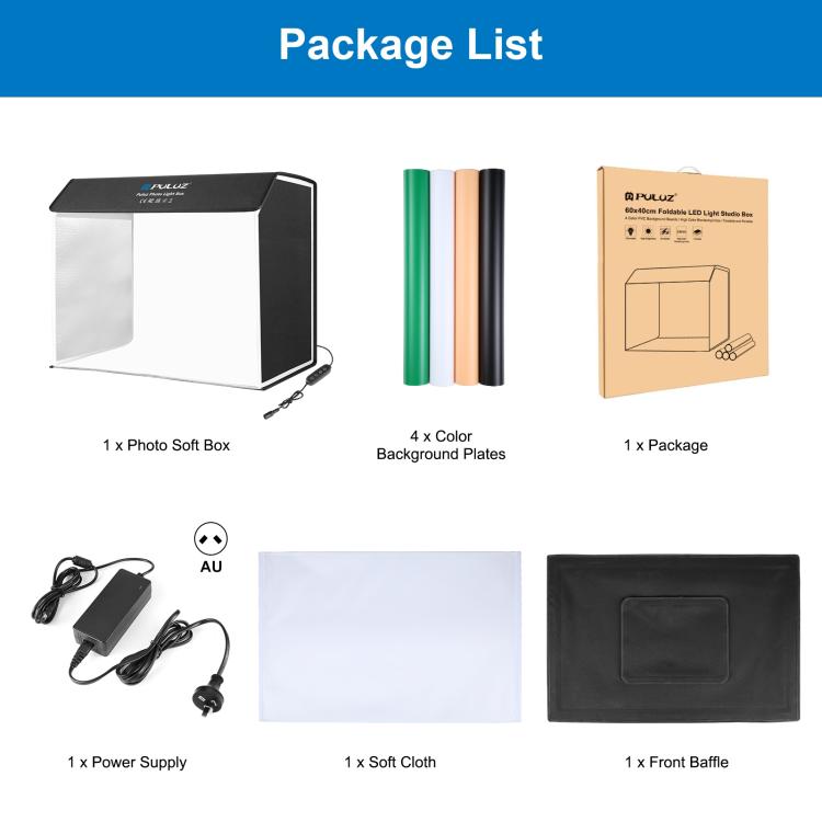 PULUZ Photo Studio Light Box Portable 60 x 40cm Cuboid Photography Studio Tent Kit with 4 Color Backdrops (AU Plug) - free shipping - PMC TechLife - Order now!