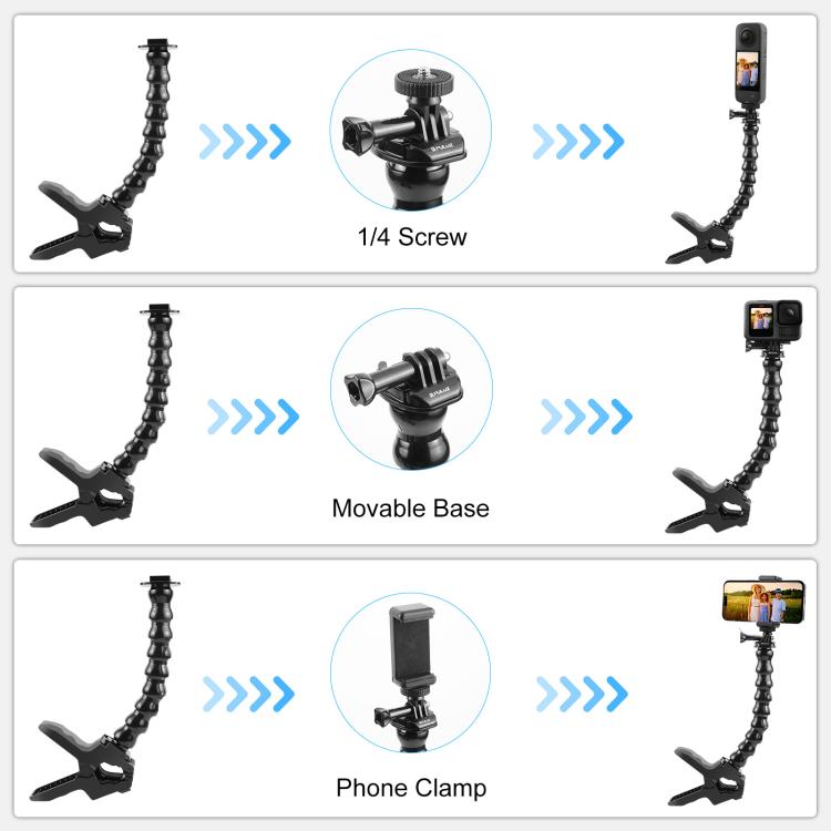 PULUZ Action Sports Cameras Jaws Flex Clamp Mount with Phone Clamp (Black) - free shipping - PMC TechLife - Order now!