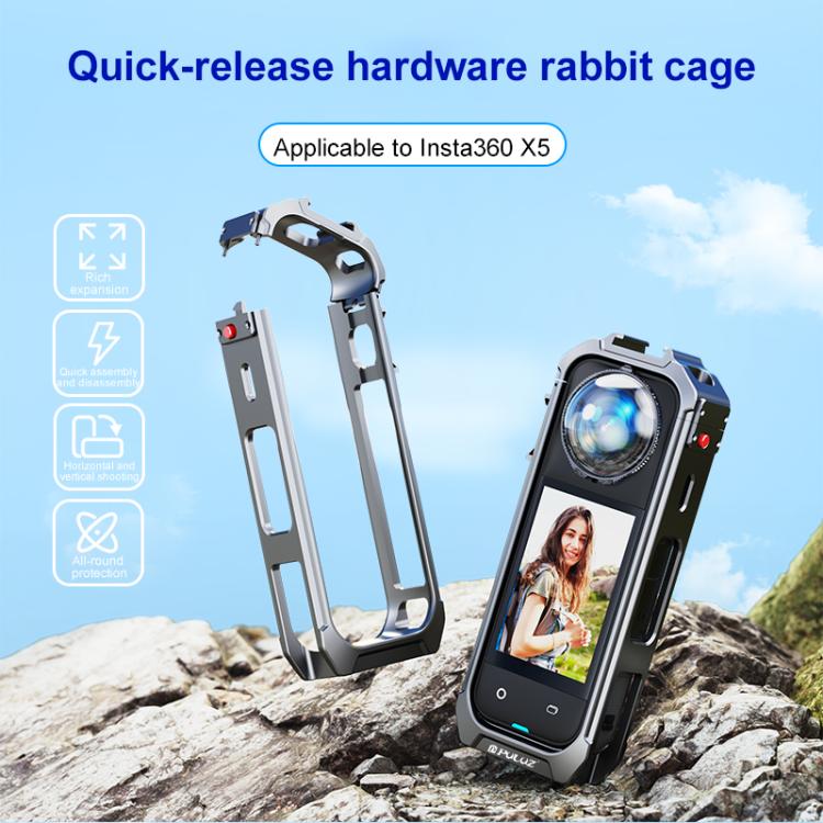 For Insta360 X5 PULUZ Aluminum Alloy Protective Cage Rig Expand Cold Shoe Housing Frame (Grey) - free shipping - PMC TechLife - Order now!