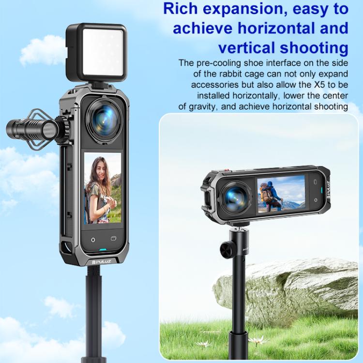 For Insta360 X5 PULUZ Aluminum Alloy Protective Cage Rig Expand Cold Shoe Housing Frame (Grey) - free shipping - PMC TechLife - Order now!