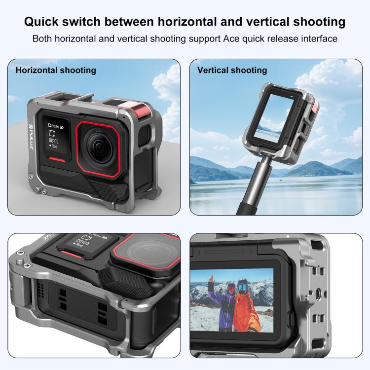 For Insta360 Ace Pro 2 PULUZ Aluminum Alloy Protective Cage Rig Dual Cold Shoe Housing Frame (Silver) - free shipping - PMC TechLife - Order now!