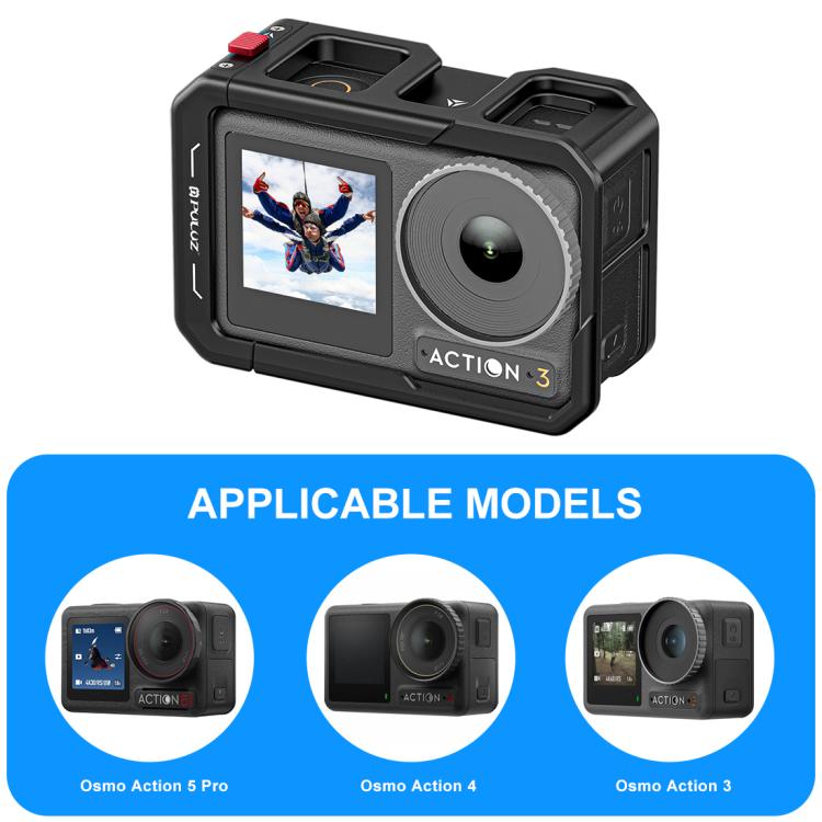 For DJI Osmo Action 5 Pro / 4 / 3 PULUZ All-inclusive Aluminum Alloy Cage Expansion Adapter Frame with Lens Cover (Black) - free shipping - PMC TechLife - Order now!