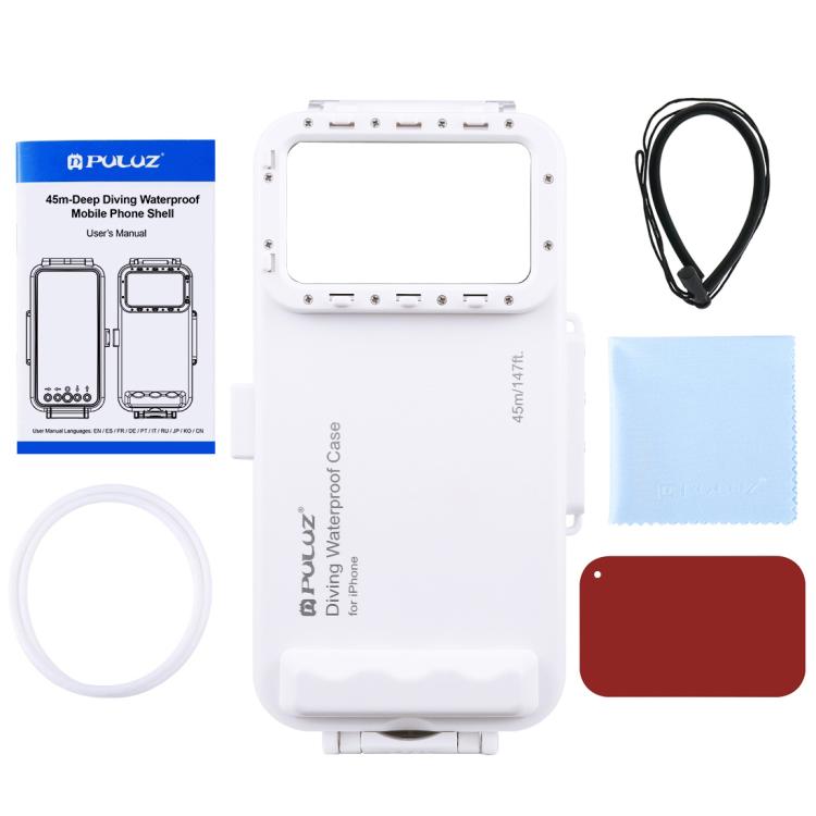 PULUZ 45m/147ft Waterproof Diving Case Photo Video Taking Underwater Housing Cover for iPhone 14 Series, iPhone 13 Series, iPhone 12 Series, iPhone 11 Series, iPhone X Series, iPhone 8 & 7, iPhone 6s, iOS 13.0 or Above Version iPhone(White) - iPhone 14 Pro Cases by PULUZ | Online Shopping South Africa | PMC TechLife | Buy Now Pay Later Mobicred