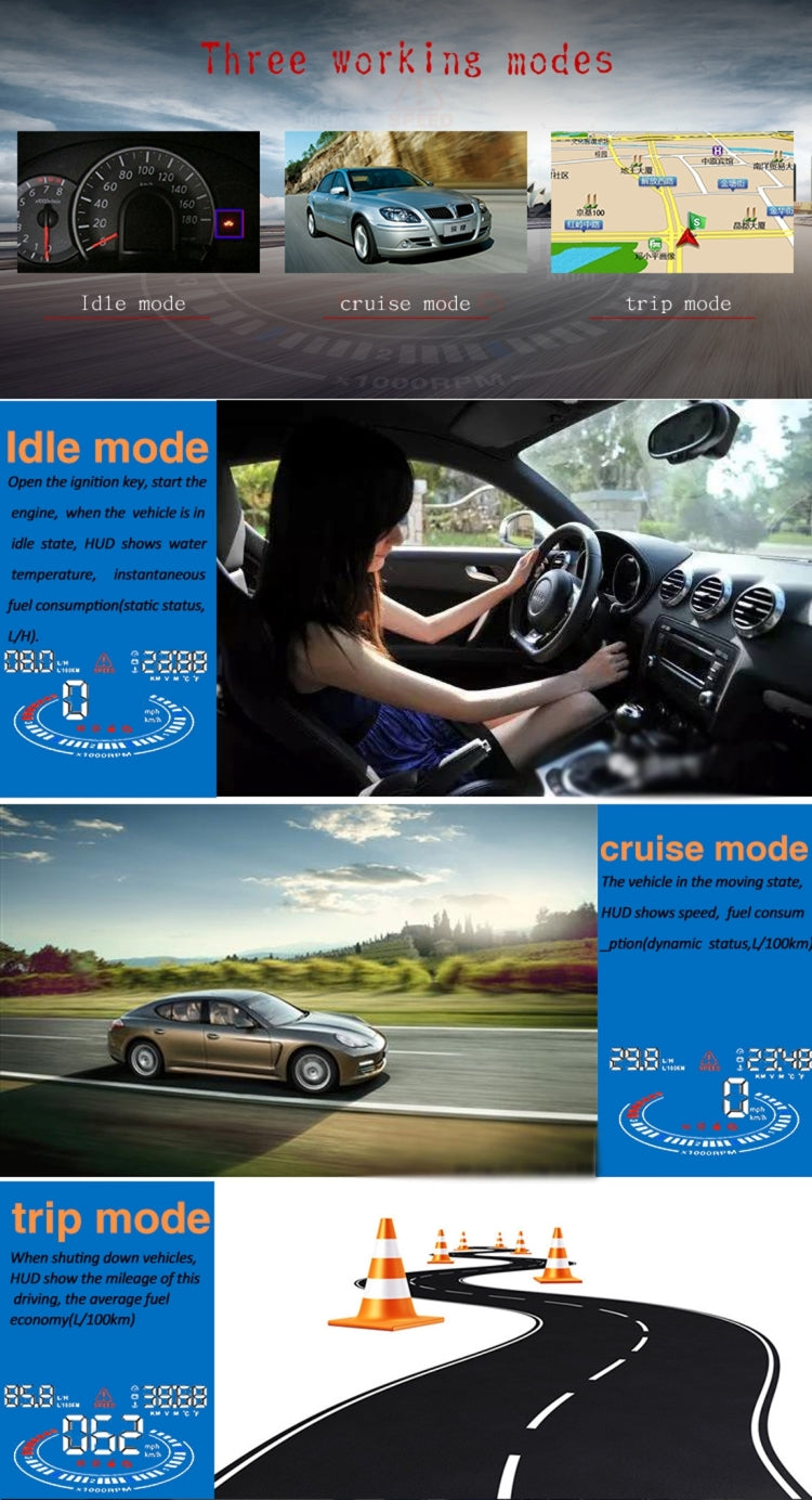 E300 5.5 inch Car OBDII / EUOBD HUD Vehicle-mounted Head Up Display Security System, Support Speed & Fuel Consumption, Overspeed Alarm,  Fuel Consumption, Water Temperature, etc.(Black) - Head Up Display System by PMC TechLife | Online Shopping South Africa | PMC TechLife | Buy Now Pay Later Mobicred