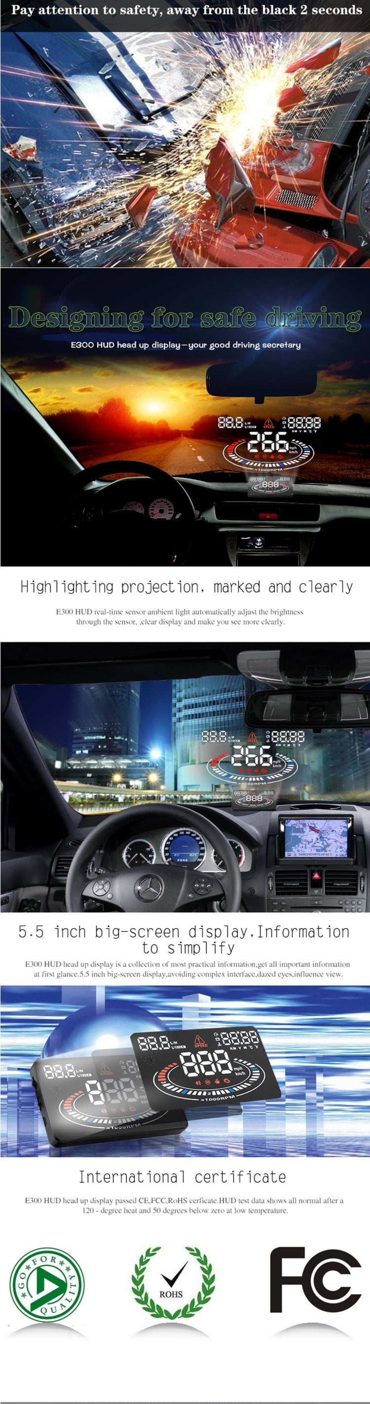 E300 5.5 inch Car OBDII / EUOBD HUD Vehicle-mounted Head Up Display Security System, Support Speed & Fuel Consumption, Overspeed Alarm,  Fuel Consumption, Water Temperature, etc.(Black) - Head Up Display System by PMC TechLife | Online Shopping South Africa | PMC TechLife | Buy Now Pay Later Mobicred