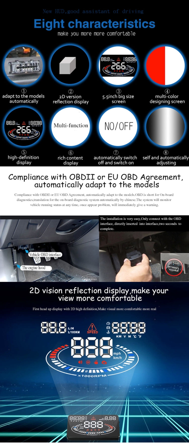 E300 5.5 inch Car OBDII / EUOBD HUD Vehicle-mounted Head Up Display Security System, Support Speed & Fuel Consumption, Overspeed Alarm,  Fuel Consumption, Water Temperature, etc.(Black) - Head Up Display System by PMC TechLife | Online Shopping South Africa | PMC TechLife | Buy Now Pay Later Mobicred