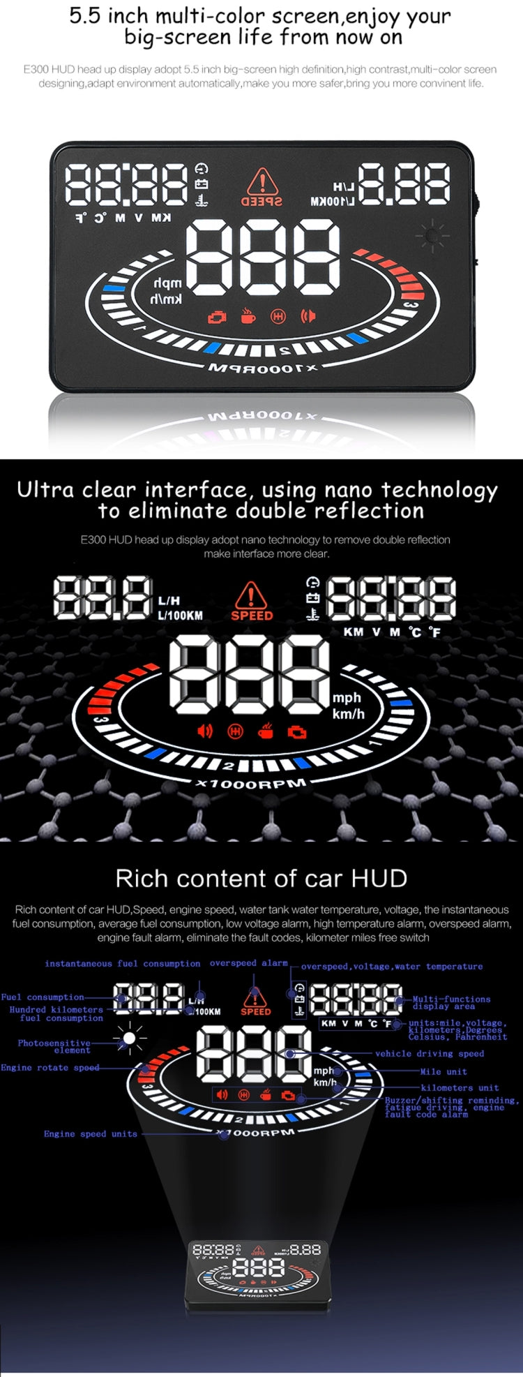 E300 5.5 inch Car OBDII / EUOBD HUD Vehicle-mounted Head Up Display Security System, Support Speed & Fuel Consumption, Overspeed Alarm,  Fuel Consumption, Water Temperature, etc.(Black) - Head Up Display System by PMC TechLife | Online Shopping South Africa | PMC TechLife | Buy Now Pay Later Mobicred