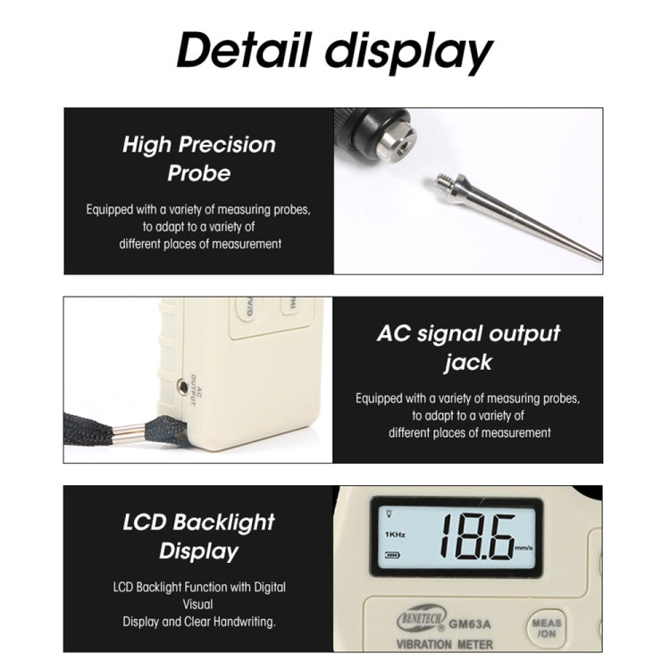 BENETECH GM63A Vibration Meter Digital Tester Vibrometer Analyzer Acceleration Velocity(White) - free shipping - PMC TechLife - Order now!