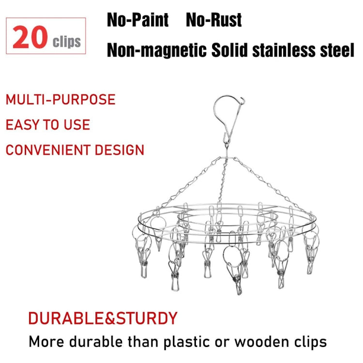 Round Stainless Steel Clothes Clip Hanger with 20 Clips - Shelf & Hooks by PMC Jewellery | Online Shopping South Africa | PMC Jewellery | Buy Now Pay Later Mobicred