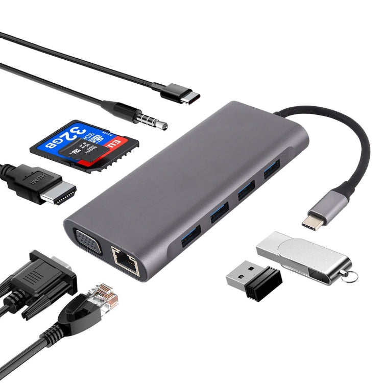 11 in 1 VGA + LAN Port + 4 x USB 3.0 + SD / TF Card + HDMI + Audio Port + USB-C / Type-C Female to USB-C / Type-C HUB Adapter(Dark Gray) - USB HUB by PMC Jewellery | Online Shopping South Africa | PMC Jewellery | Buy Now Pay Later Mobicred