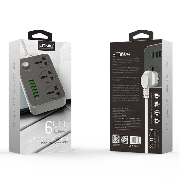 LDNIO SC3604 6 x USB Ports Multi-function Travel Home Office Socket, Cable Length: 2m, UK Plug - Extension Socket by LDNIO | Online Shopping South Africa | PMC Jewellery | Buy Now Pay Later Mobicred