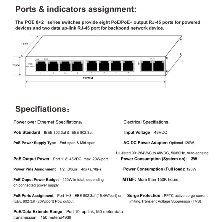 ESCAM POE 8+2 10-Port Fast Ethernet Switch 8-Port POE 10/100M 120W Network Switch, Transmission Distance: 150m(Blue) - free shipping - PMC Jewellery - Order now!