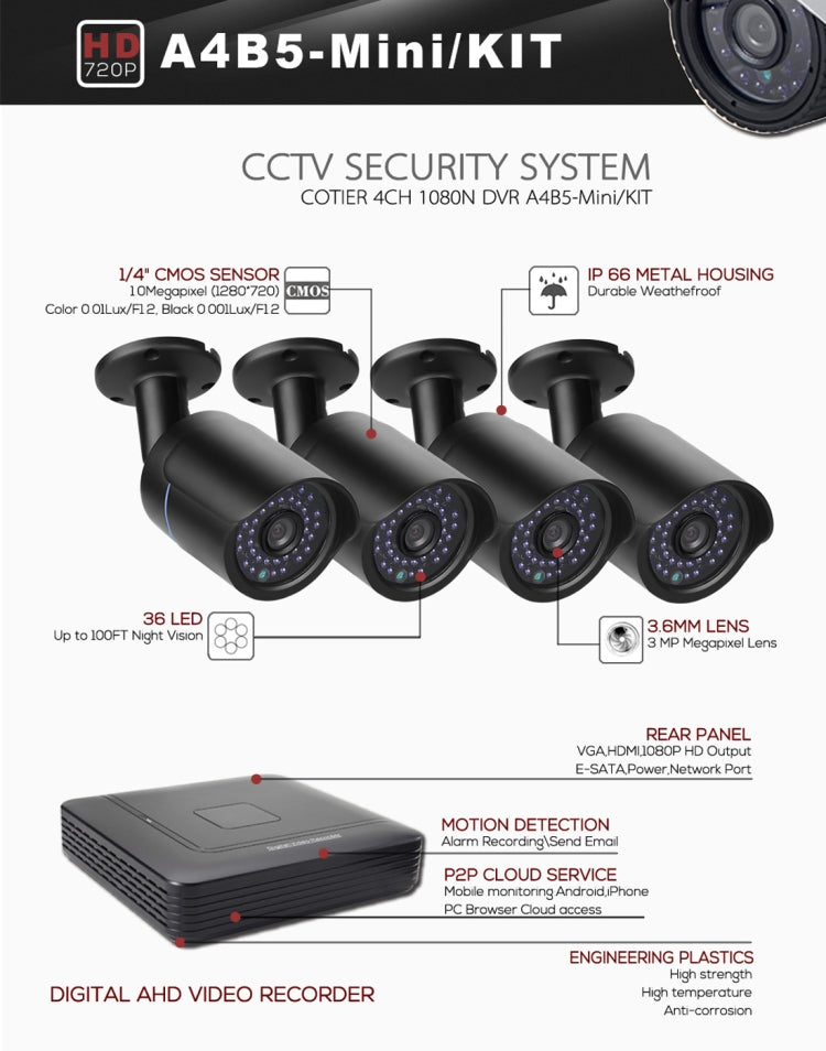 A4B5-Mini 4 Channel 720P 1.0 Mega Pixel 4 x Bullet AHD Cameras AHD DVR Kit, Support Night Vision / Motion Detection, IR Distance: 20m - Video Recorder Kit by PMc TechLife | Online Shopping South Africa | PMc TechLife | Buy Now Pay Later Mobicred