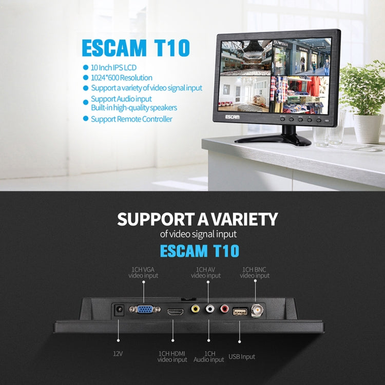 ESCAM T10 10.0 inch TFT LCD 1024x600 Monitor with VGA & HDMI & AV & BNC & USB for PC CCTV Security - DVD & LCD Player by ESCAM | Online Shopping South Africa | PMC Jewellery | Buy Now Pay Later Mobicred