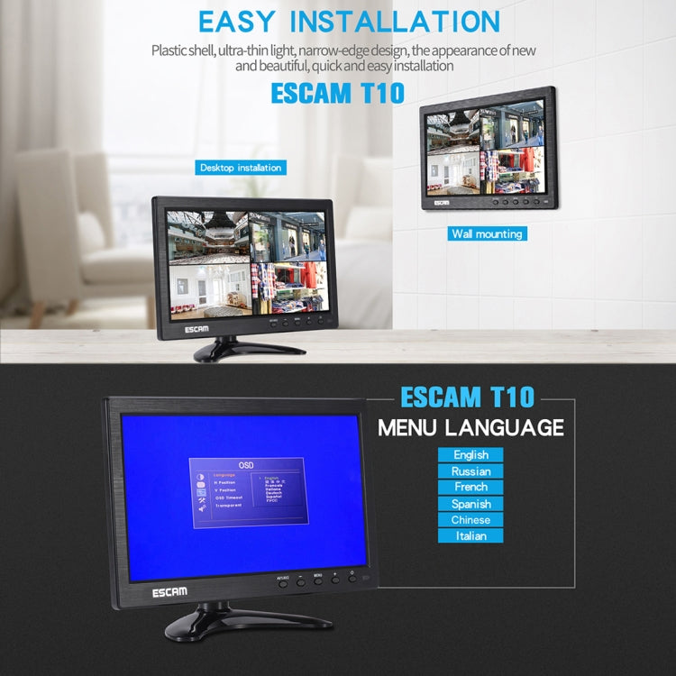 ESCAM T10 10.0 inch TFT LCD 1024x600 Monitor with VGA & HDMI & AV & BNC & USB for PC CCTV Security - free shipping - PMC TechLife - Order now!