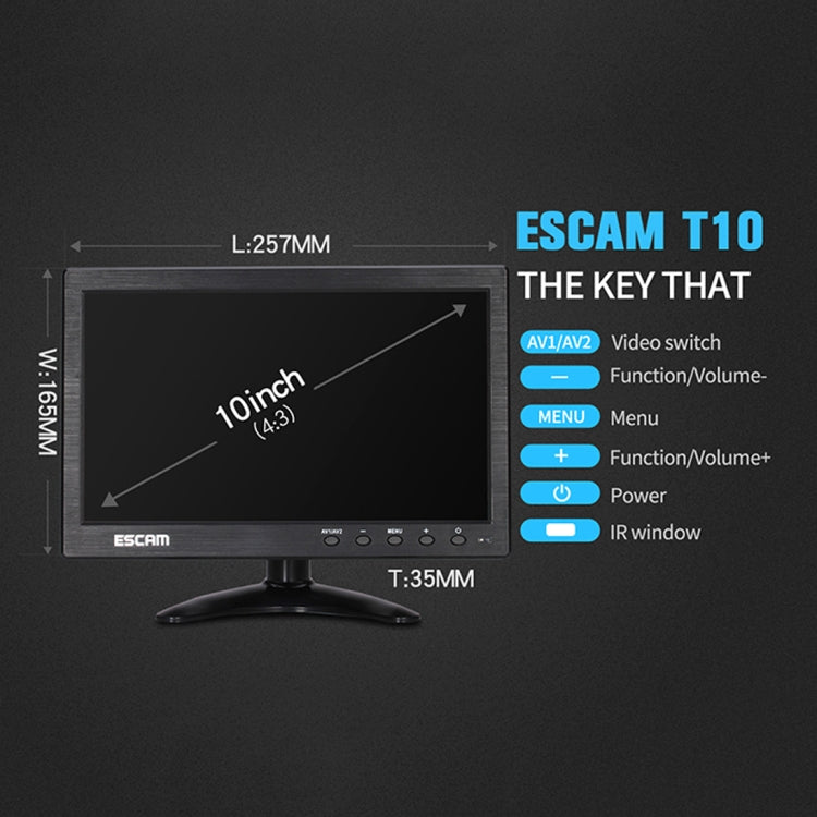 ESCAM T10 10.0 inch TFT LCD 1024x600 Monitor with VGA & HDMI & AV & BNC & USB for PC CCTV Security - free shipping - PMC TechLife - Order now!