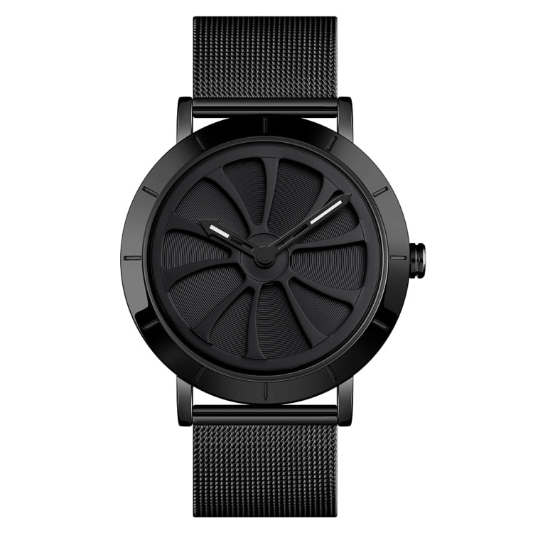 SKMEI 9204 Fashion Skeleton Rotating Dial Waterproof Business Mesh Belt Quartz Watch Men Watch(Black) - free shipping - PMC TechLife - Order now!